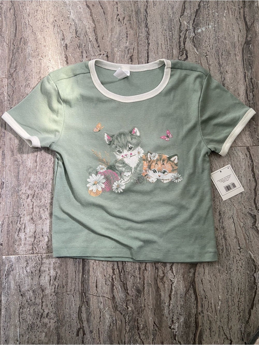 Womens Short Sleeve Green Ringer Tee with Kitten Graphic